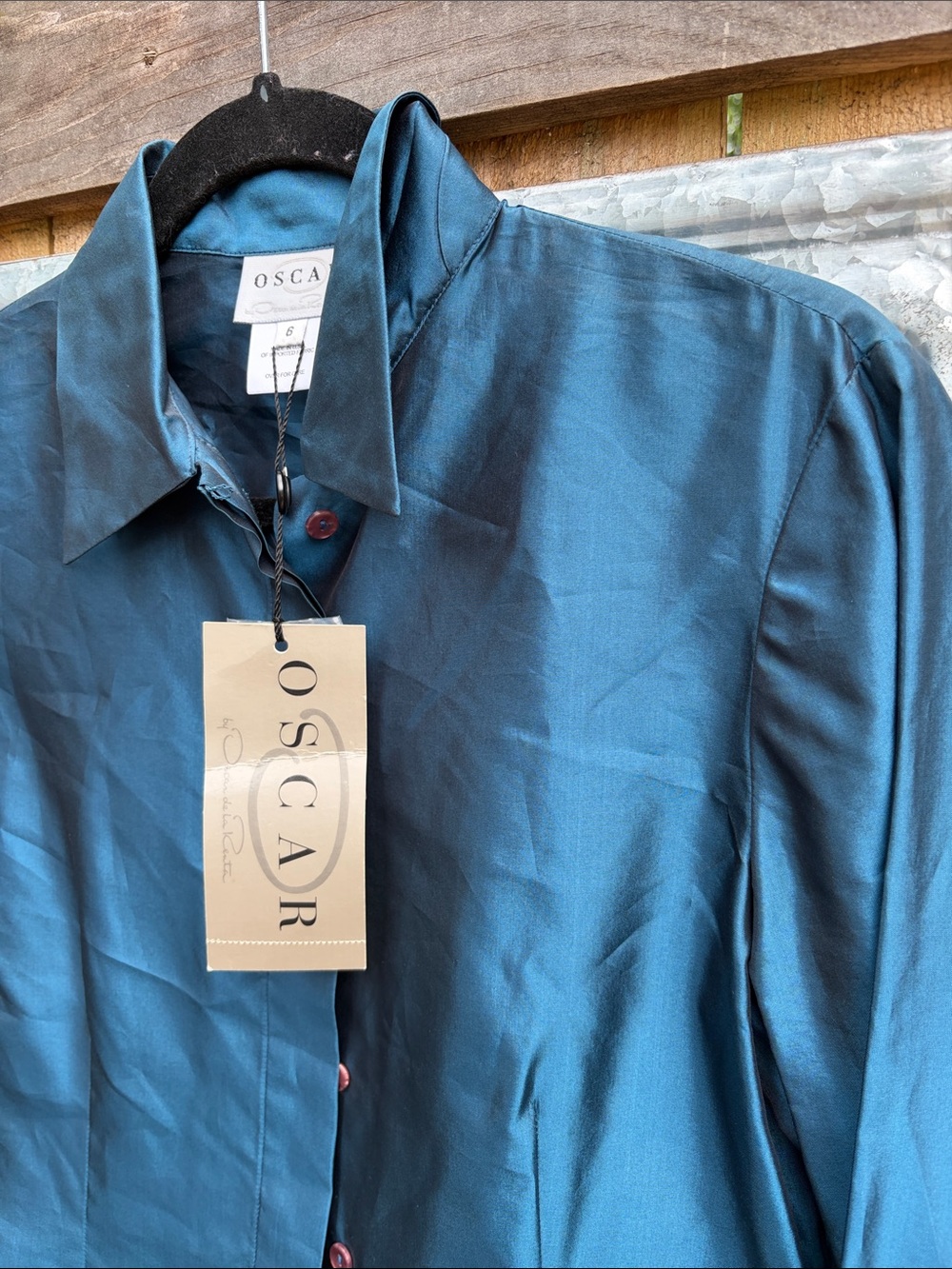 Oscar de la Renta Teal silk Button-Front Blouse NWT Ocean Blue 6 - Picture 10 of 14